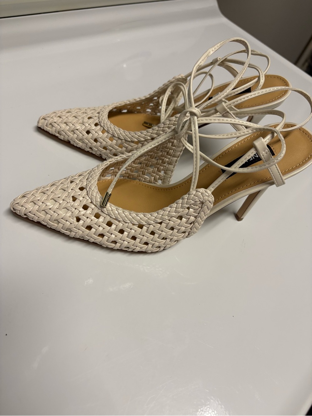 Nine West Cream Braided Pointed-Toe Lace-Up Heels